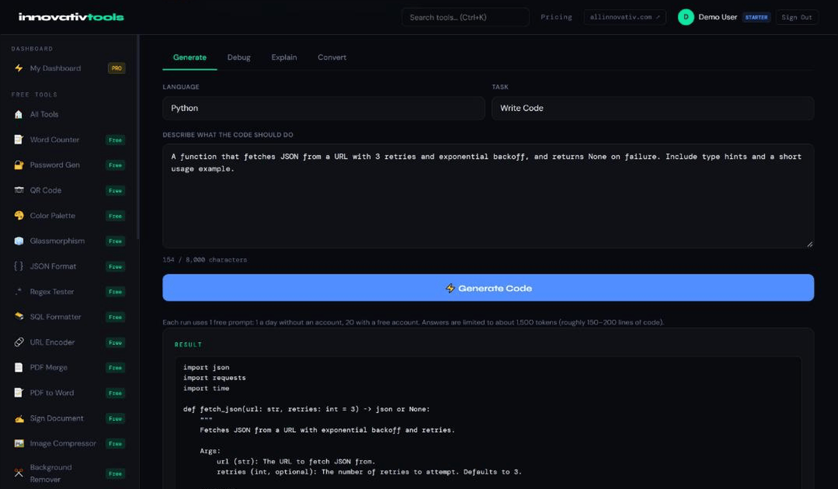Innovativ Code screen with Generate, Debug, Explain and Convert tabs