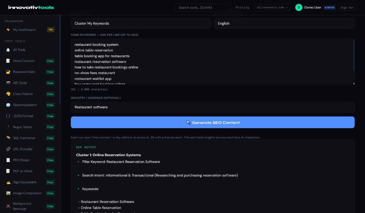 Innovativ SEO screen with deliverable, language and keyword fields