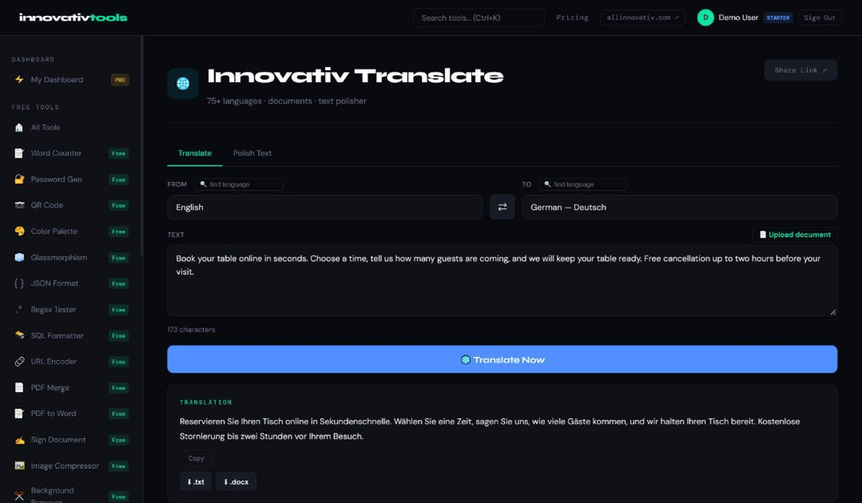 Innovativ Translate input screen for entering text and choosing languages