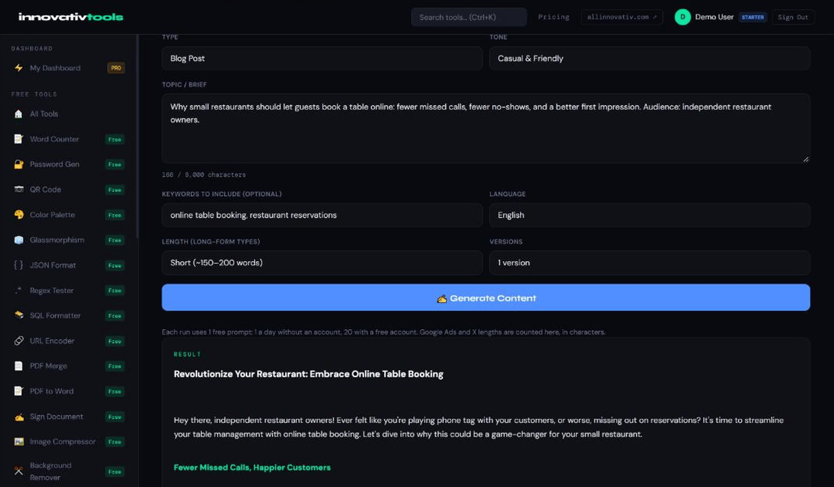 Innovativ Writer screen with content type, tone, language and length options