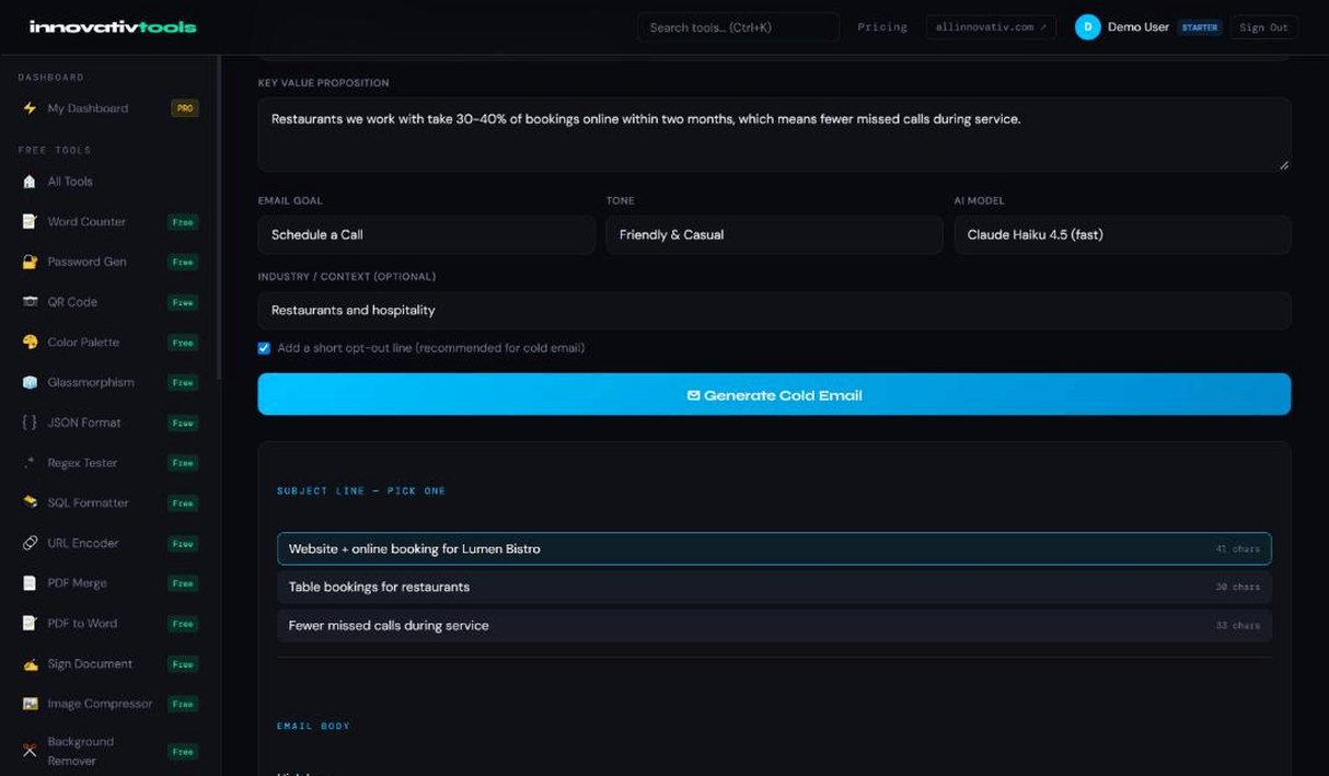 Cold Mail Generator builder with prospect, offer, goal, tone and AI model fields