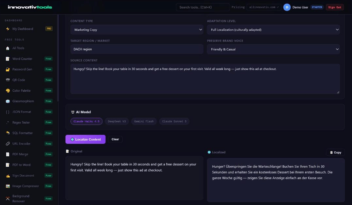 Content Localizer input screen for entering content and target market