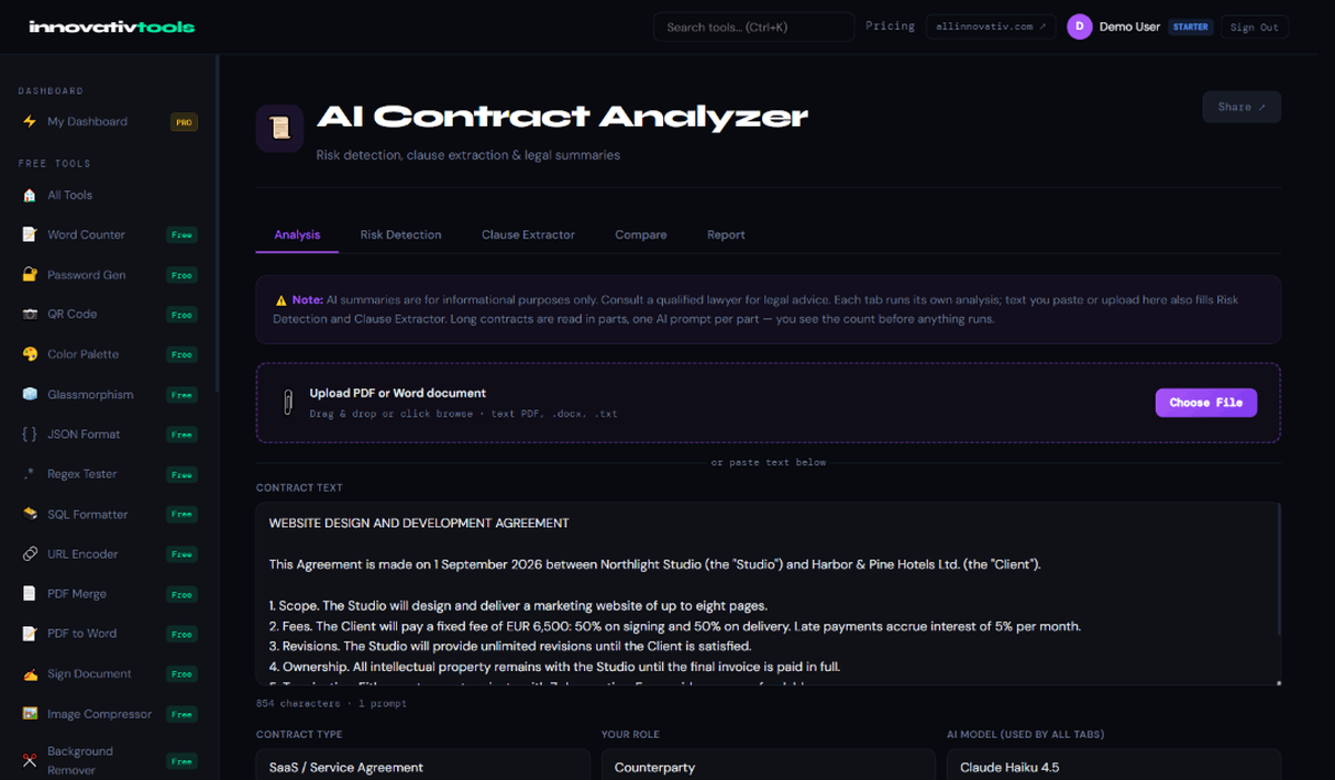 Contract Analyzer input screen for pasting or uploading a contract