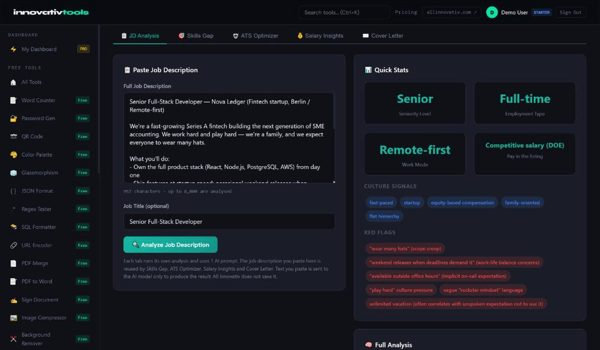 Job Analyzer input screen for pasting a job listing