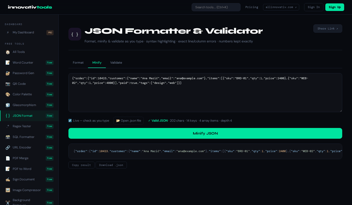 JSON Formatter & Validator — Minify JSON