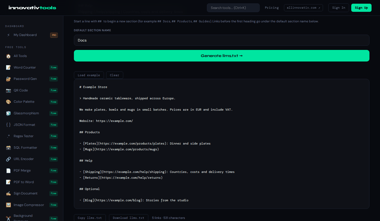 LLMs.txt Generator — Markdown Format