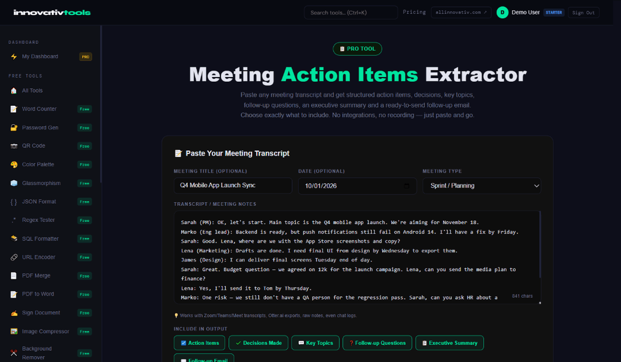 Meeting Extractor input screen for pasting meeting notes