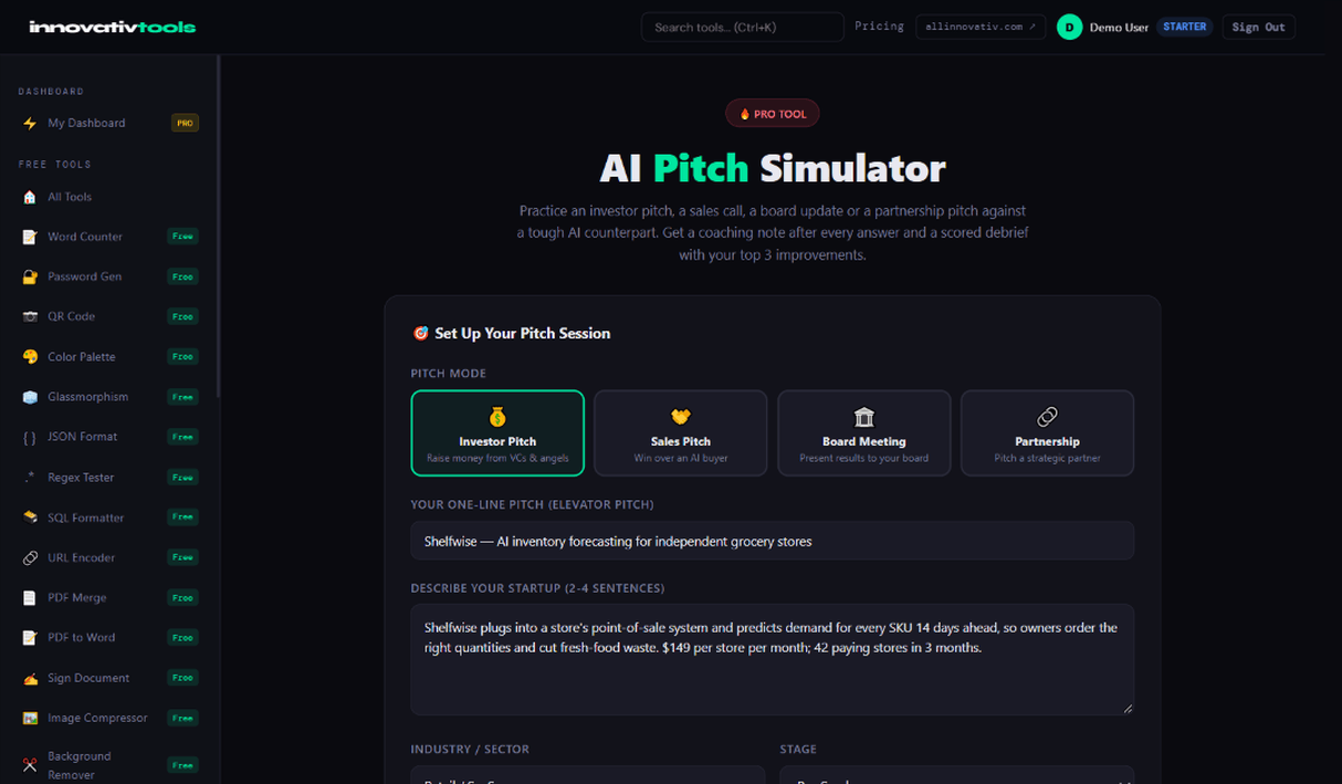 AI Investor Pitch Simulator setup screen with one-line pitch, startup description, industry, stage, investor persona and intensity options