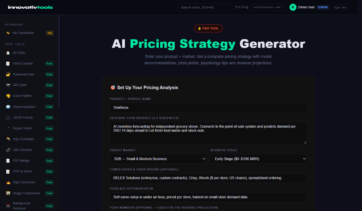 Pricing Strategy input screen to describe product and market