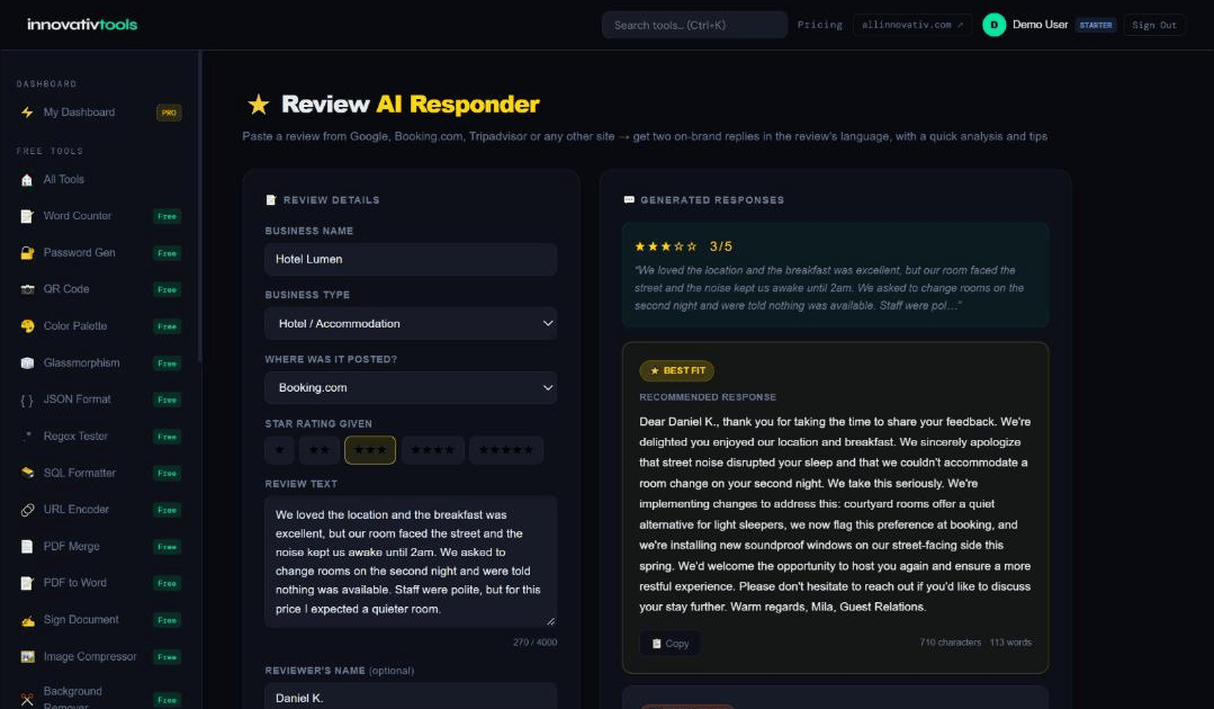 Review AI Responder input screen with business name, business type, star rating, review text and response tone options