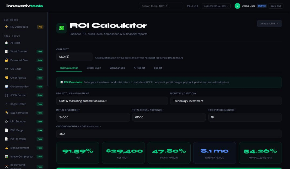ROI Calculator input screen with project name, industry, initial investment, total return, time period fields and live ROI, net profit and payback results