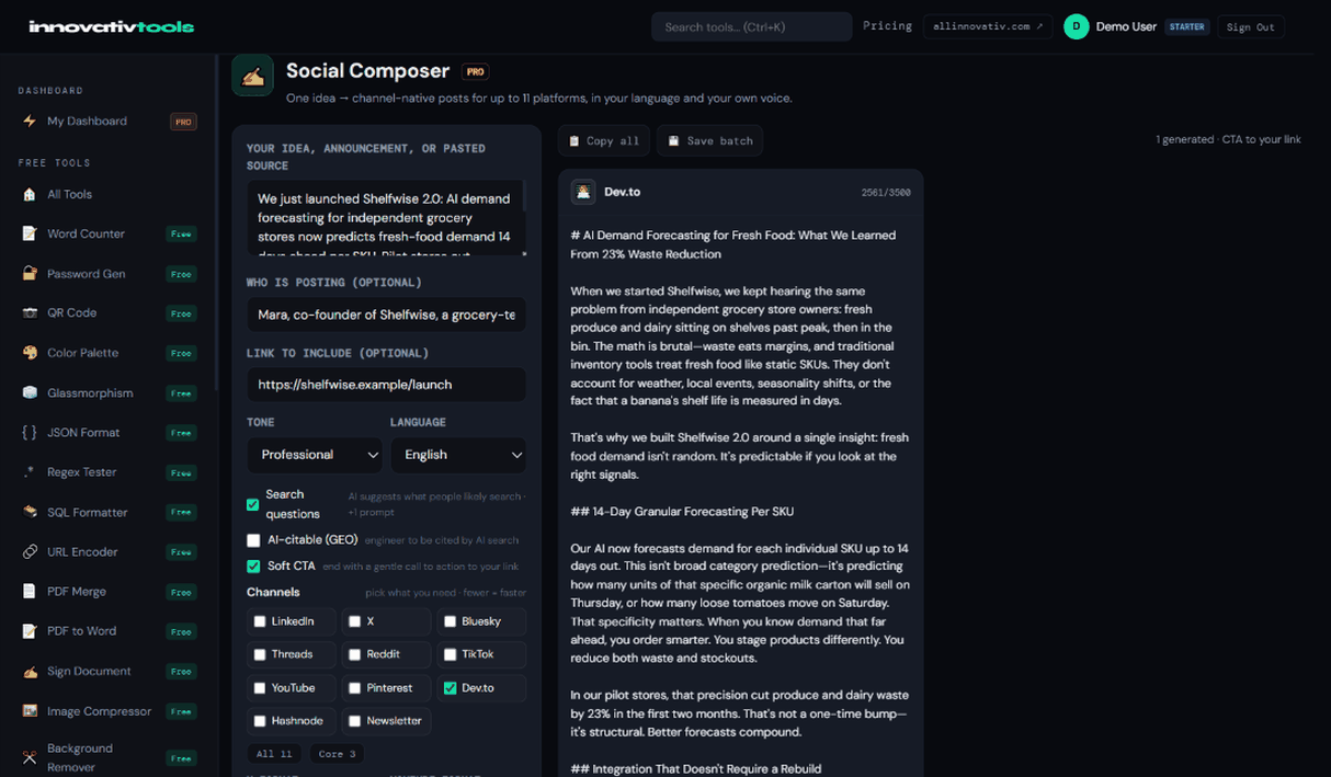 Social Composer with a Dev.to draft generated from one idea