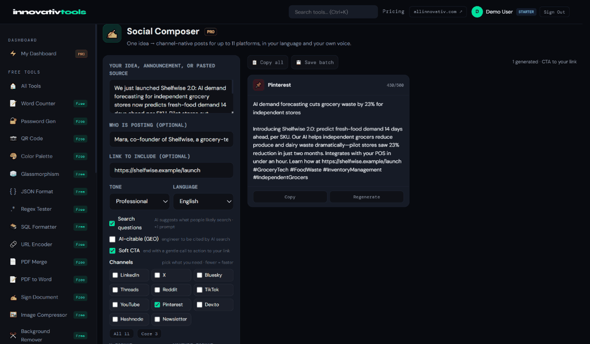 Social Composer with a Pinterest draft generated from one idea