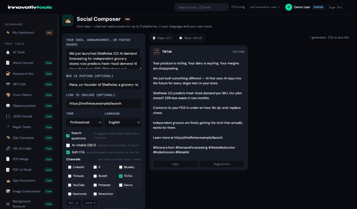 Social Composer with a TikTok draft generated from one idea