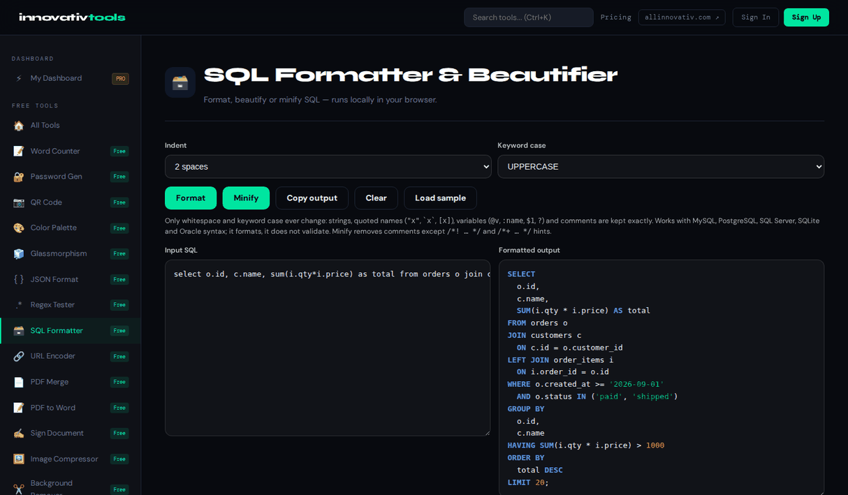 SQL Formatter — Beautify SQL