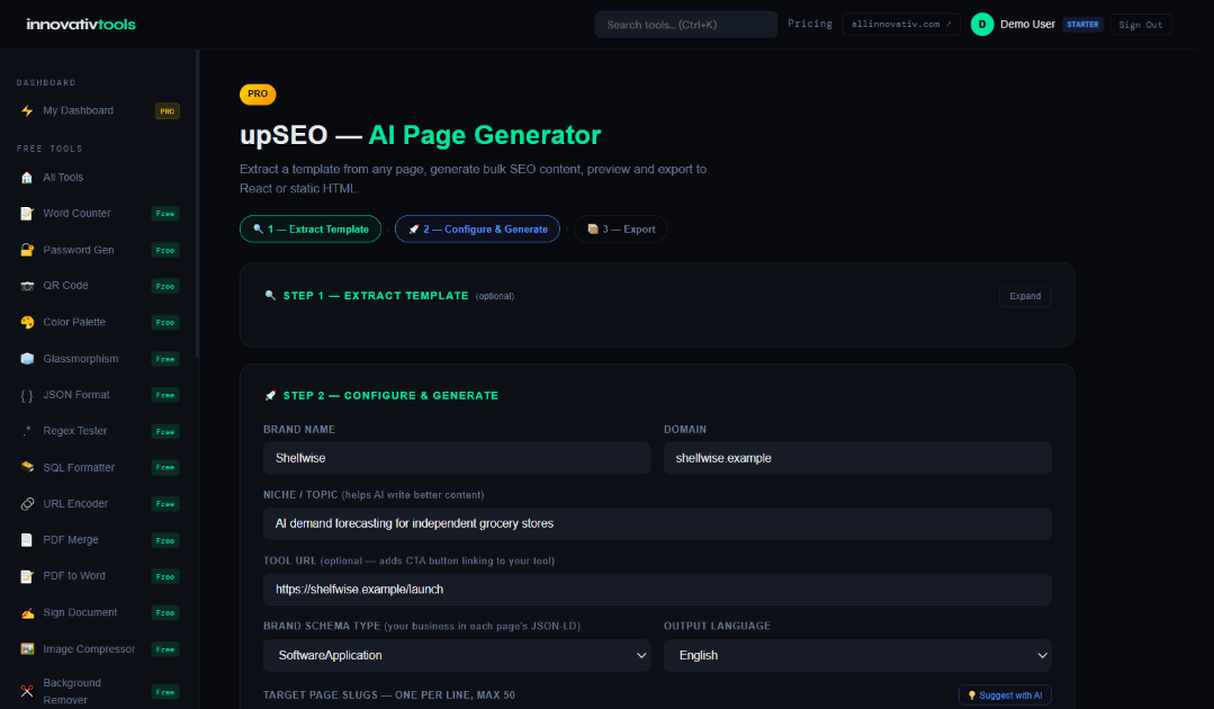 upSEO batch SEO page generator configuration screen
