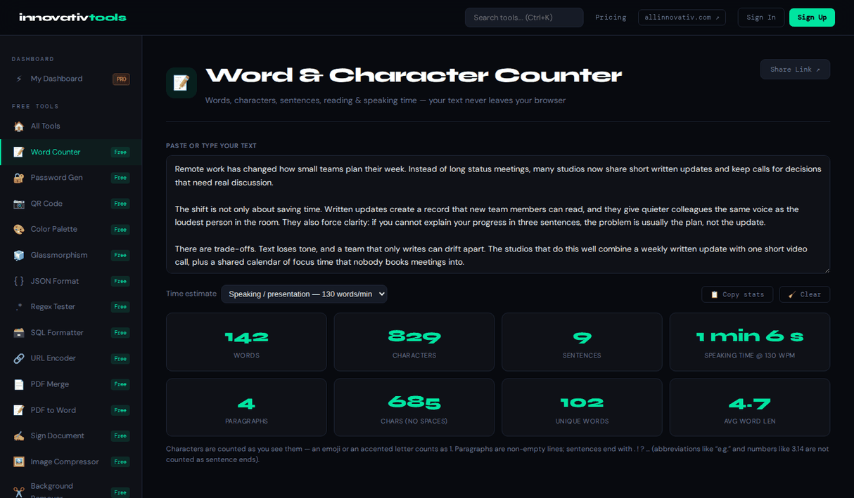 Word counter showing live word and character counts for a student assignment